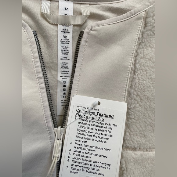 NEW wTag-LULULEMON Collarless Textured Fleece Full Zip Jacket 12 - Picture 4 of 4